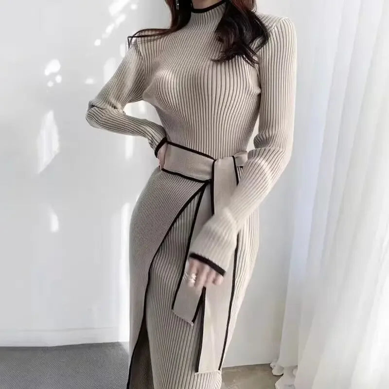 New Retro Knitted Bodycon Dress Women Korean Fashion Autumn Winter Half High Collar Lace Up Elegant Sweater Dresses Vestidos - KIMLUD