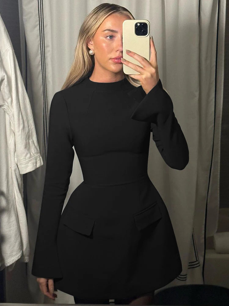 Dulzura Long Sleeves Zipper Bodycon Mini Dress With Pocket Solid Elegant Outfit Office Streetwear Women’S Autumn Winter Clothes