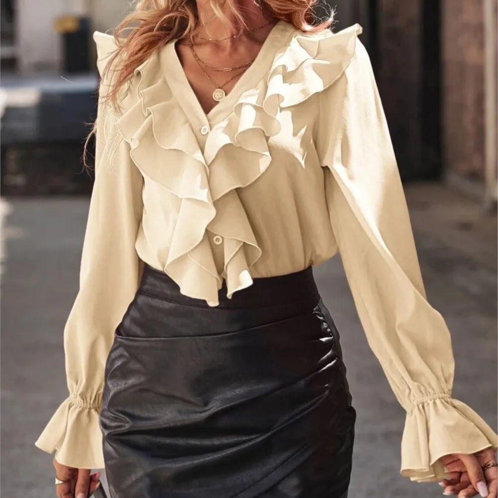 2024 Autumn New V-neck Elegant Women's Shirt With Flared Sleeves Long Sleeves Cardigans Buttons Solid Color Women's Clothing