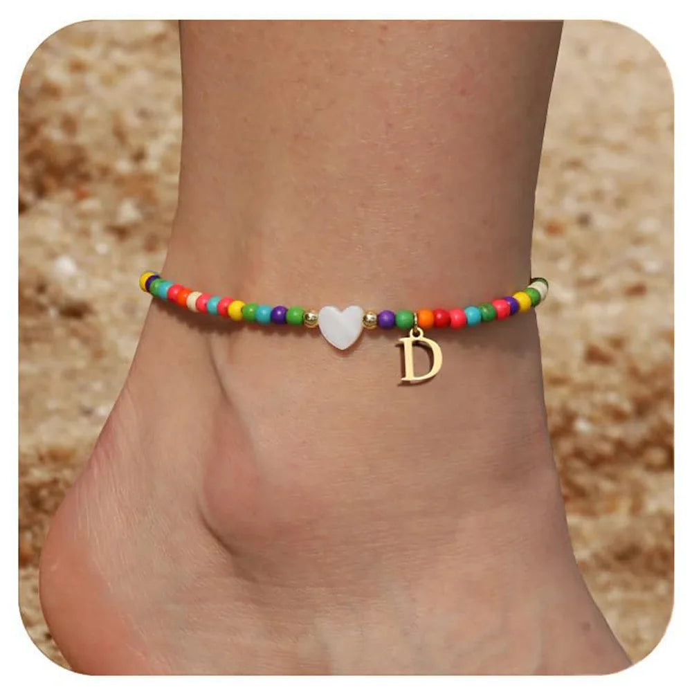 KIMLUD, Rainbow Round Beads Anklet Stainless Steel Love Heart 26 Letters A-Z Pendant Anklets For Women Boho Gold Color Ankle Bracelet, D, KIMLUD APPAREL - Womens Clothes