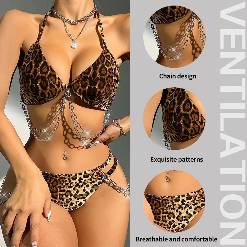 Two Piece Women's Leopard Print Bikini Lingerie Set Women's Printed Leopard Print with Chain Triangle Cut Sexy Lingerie Set