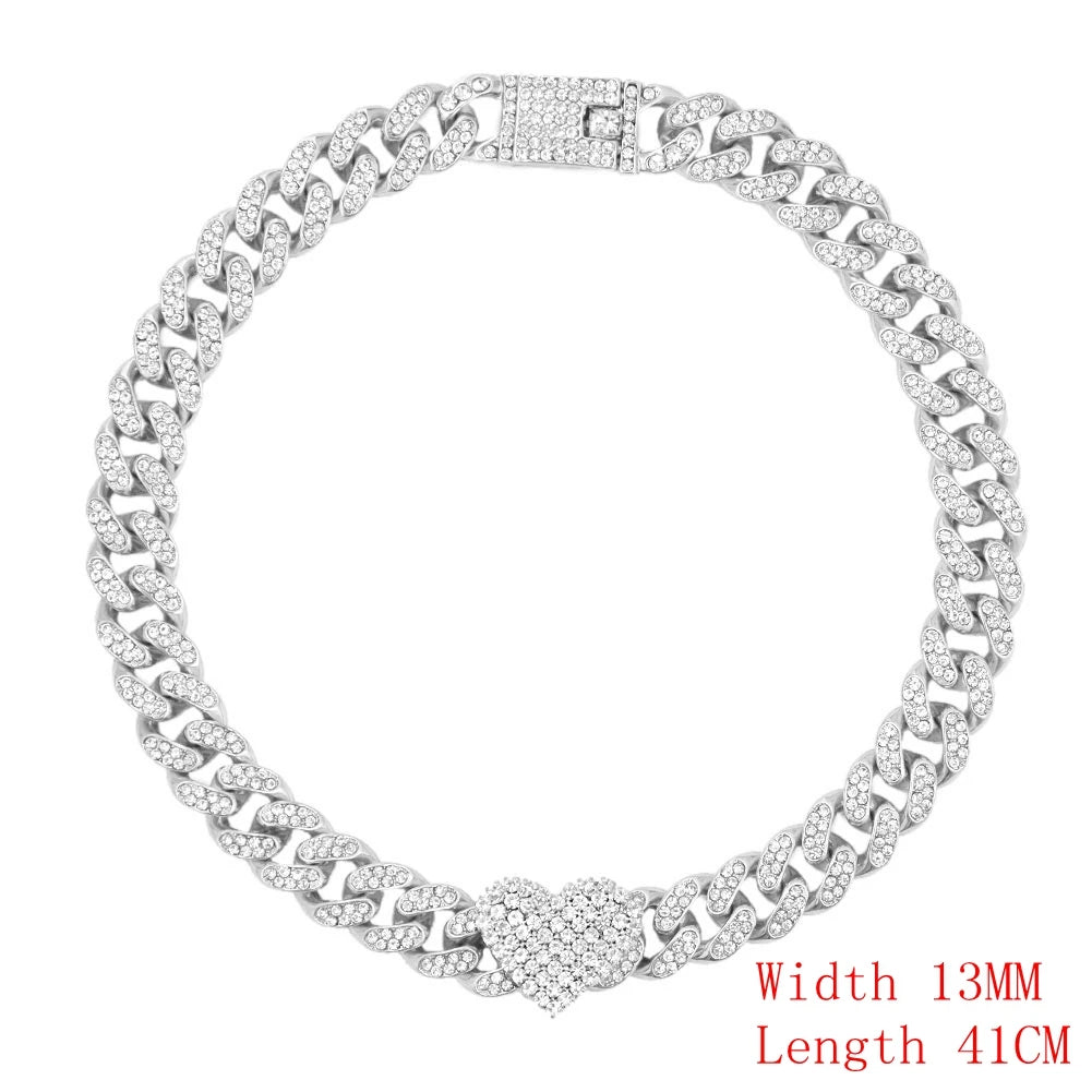 KIMLUD, Crystal Heart Cuban Link Chain Necklace for Women 15mm Bling Full Rhinestones Paved Heart Tennis Chain Necklace Hip Hop Jewelry, A070002SL, KIMLUD APPAREL - Womens Clothes