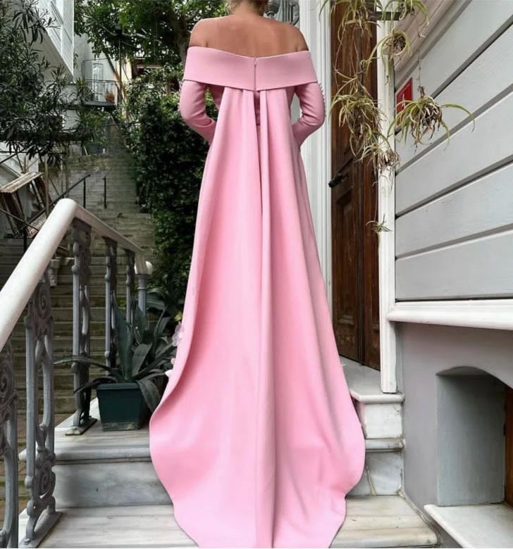 Customized Boat Neck   Long Sleeves Button A Line Detachable  Court Train Belt Hand Made Flower Custom Made Evening Dresses