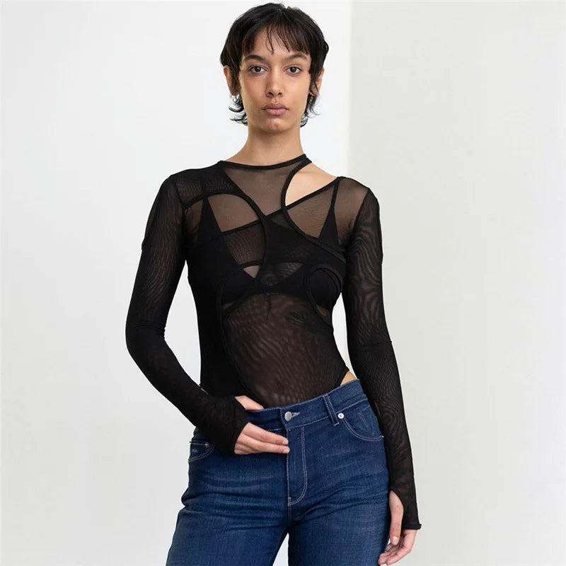 Summer Solid Color Bodysuit See-Through Sexy Hollow Design Women Top Jumpsuits Slim Fit For High Street Clubwear Female