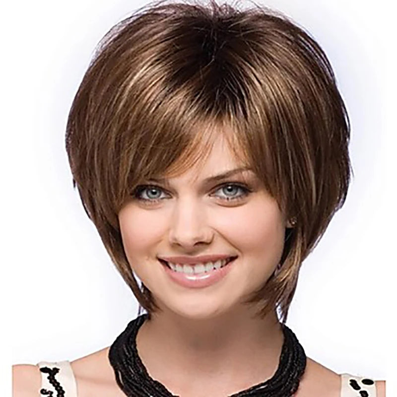 HAIRJOY Women Straight Bangs Style Pixie Cut Synthetic Hair Wig Brown Mixed Short Wigs Machine Made