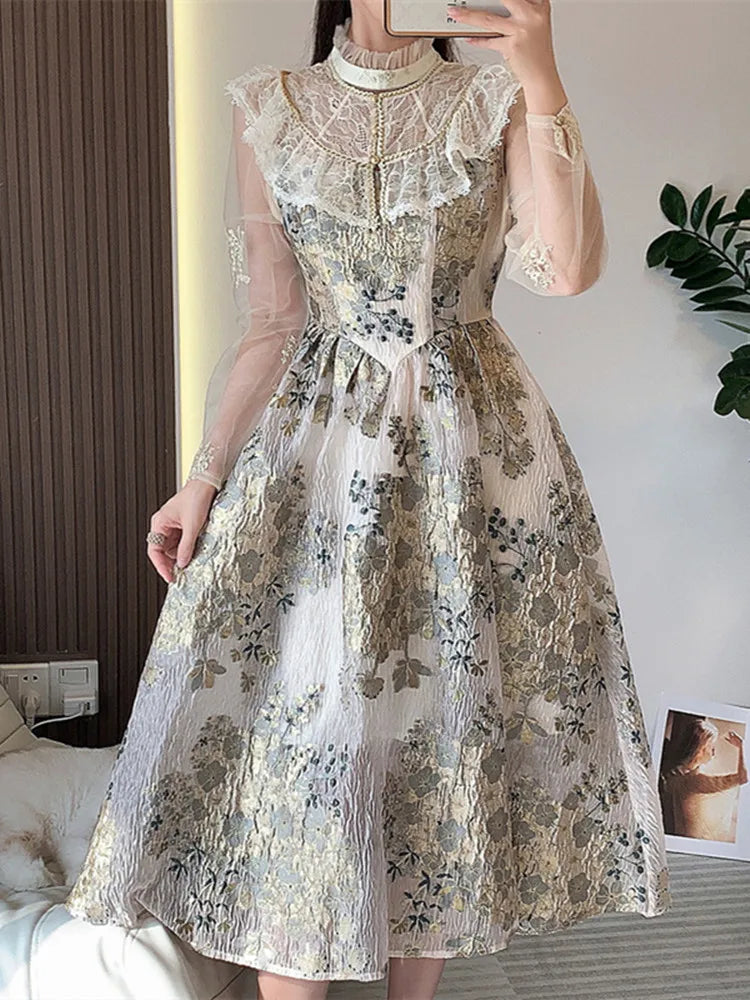 Elegant Luxury Mesh Flower Embroidery Patchwork Jacquard Dress Women Stand Collar Shawl Ruffles Floral Evening Party Vestidos