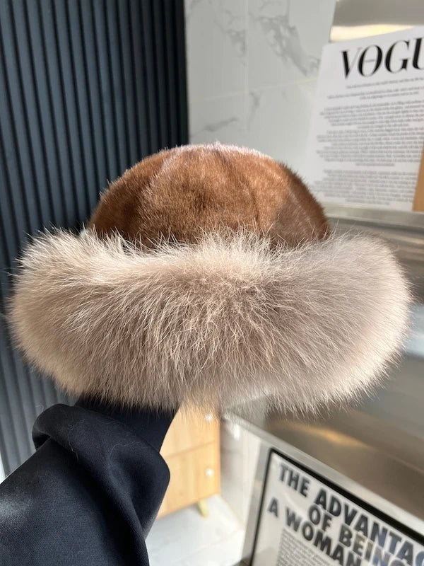 Real Mink Fur Hat For Women Winter Natural Mink Fur Hat With Fox Fur Brim Female Fashion Fisherman Hat Thicked Fur Bomber Hats