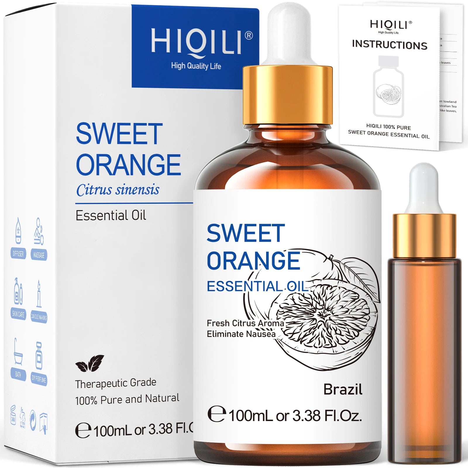 HIQILI 100ML Sweet Orange Essential Oils,100% Pure Nature for Aromatherapy, Diffuser, Humidifier, Massage, Fresh air, Candle - KIMLUD