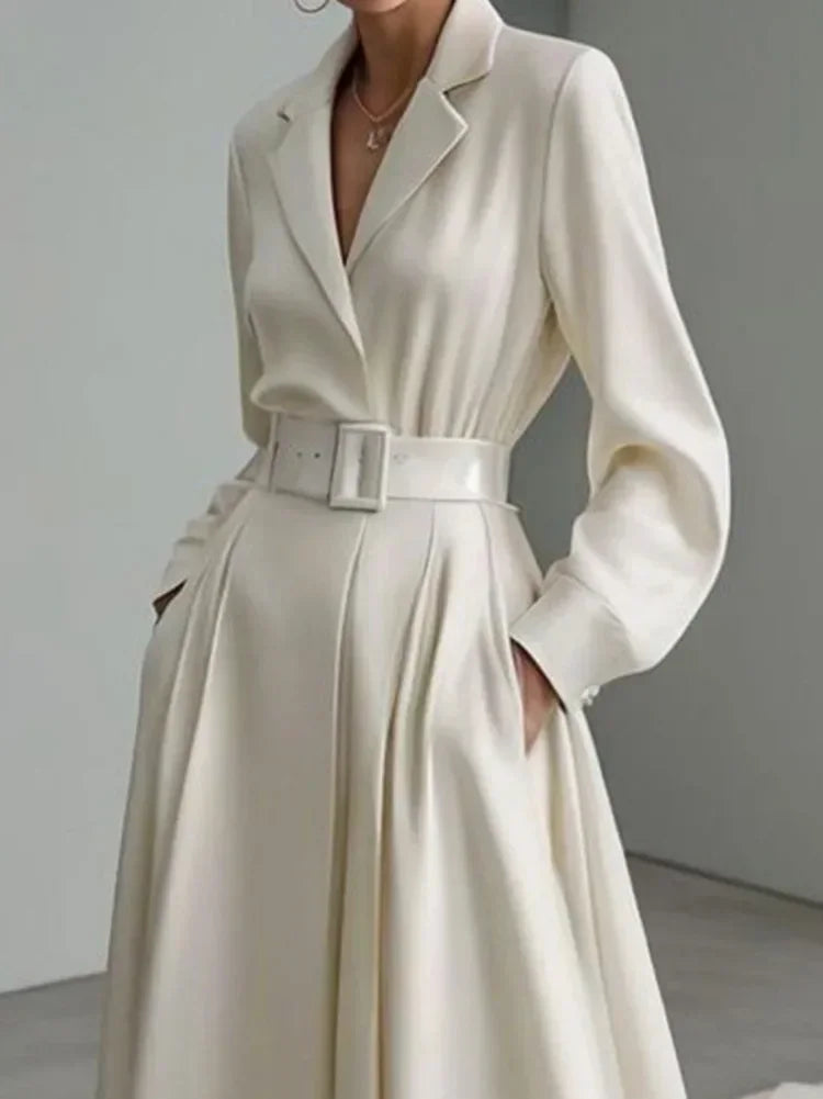 Tinaa Party Evening Dresses for Women White Maxi Dress Elegant Long Sleeves Loose No Belt Notched Collar Dresses Women Clothing