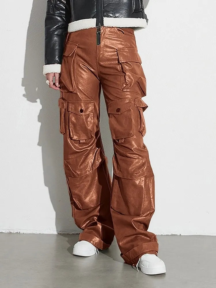 VGH spliced pocket leather cargo trousers for women high waist spliced button loose streetwear full length pants female fashion