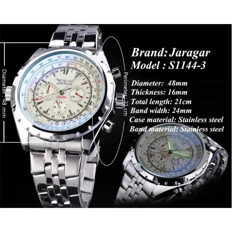 JARAGAR 212 Men Automatic Mechanical Watch Fashion Business Leisure Multifunctional Stainless Steel Wristwatch for Male Gift