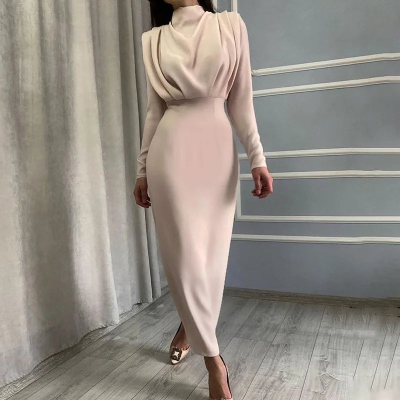 2024 Autumn Solid Bodycon Midi Dress Turtleneck Long Sleeve Slim Office Lady Sexy Office Lady Blue Party Dresses For Women Work