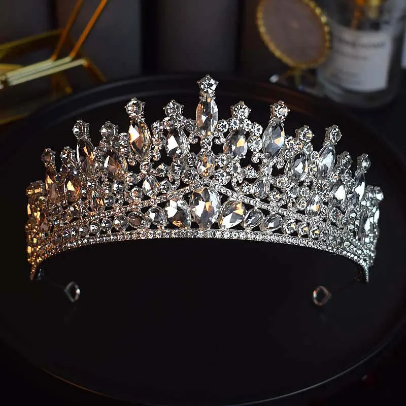 Silver Color Crystal Bridal Crown Royal Queen Tiara Rhinestone Pageant Prom Bride Diadem Princess Wedding Crown Hair Accessories - KIMLUD