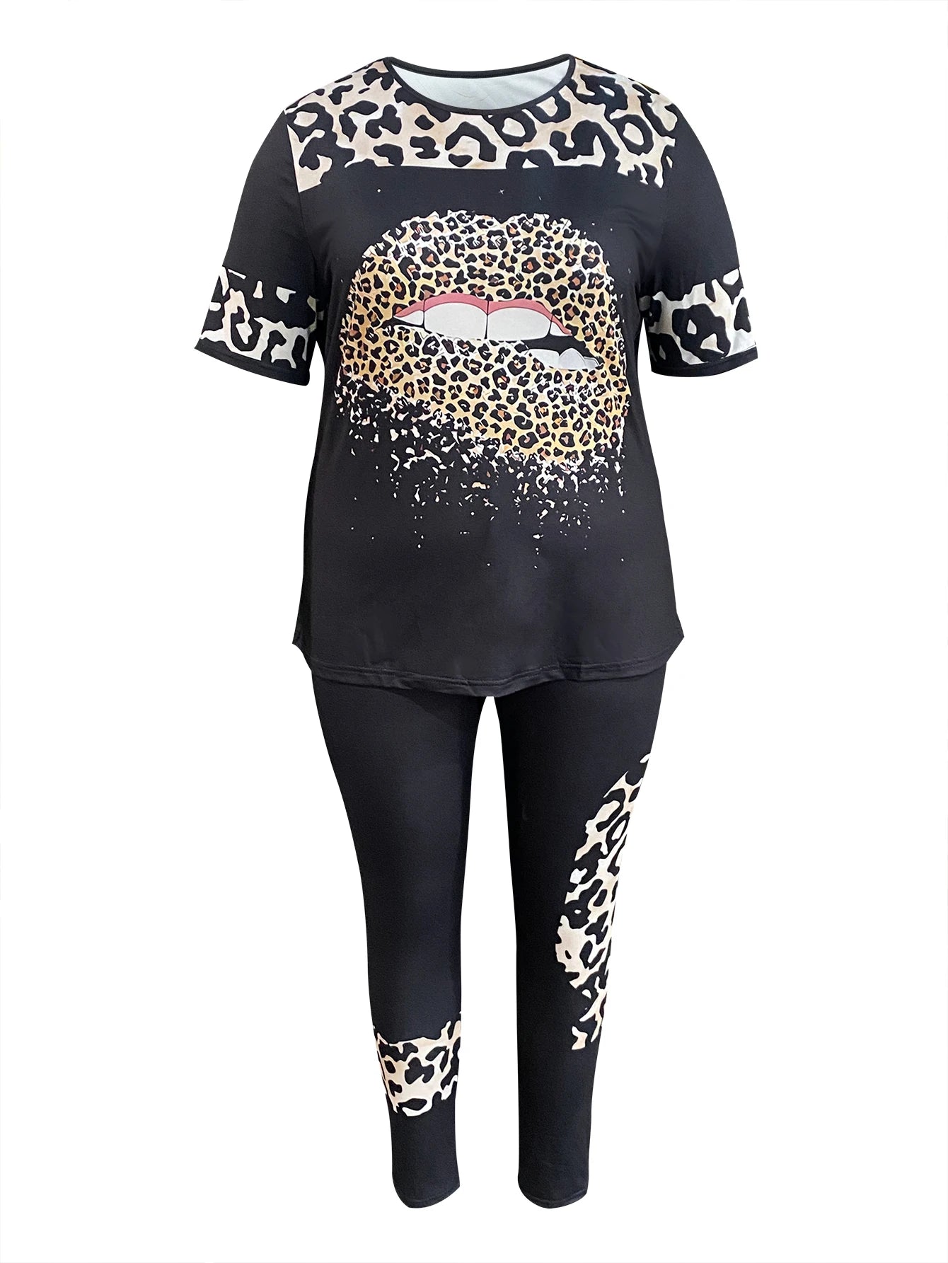 LW Plus Size Two pieces sets Leopard Lip Print Pants Set short sleeve T-shirt + skinny pants sets Autumn casual tracksuit sets