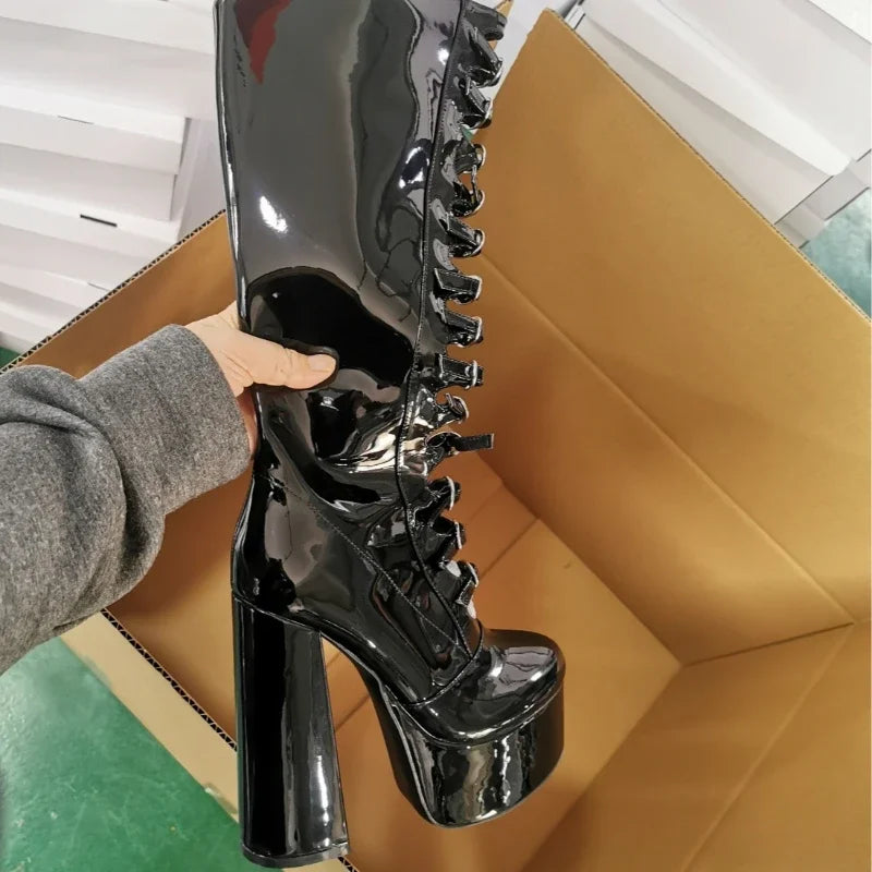 European and American Punk Style Spicy Girl Black Leather Buckle Thick Heel Cool Boots for Women Sexy Hollow Knight Boots