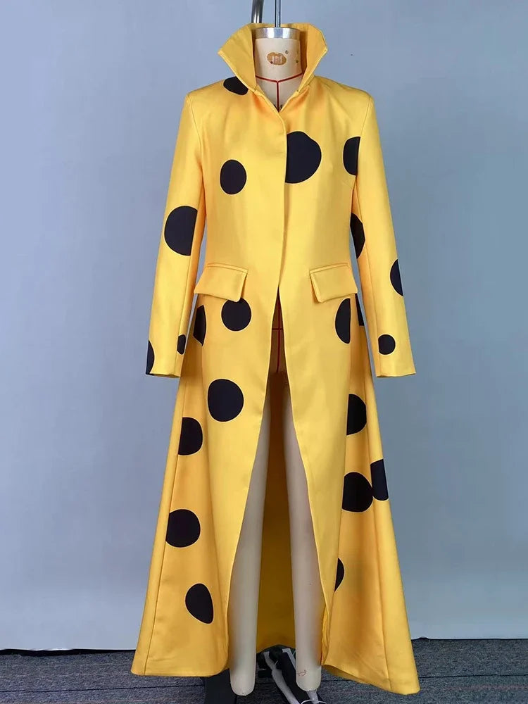 Beautyblue Polka-Dot Woolen Coat Women's Long Jacket 2025 New Split-Joint Long Sleeves Lapel Elegant Yellow Outerwears Female