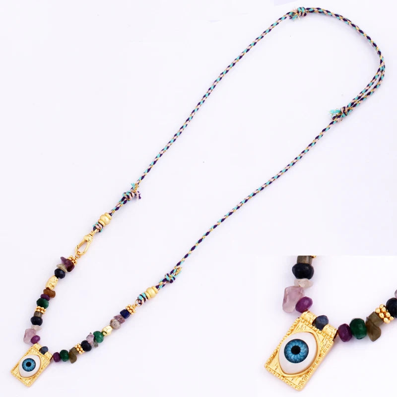 New Style Multi Color Braided Rope Star Moon Heart Hand Eye Charm Necklace,Unique Mix Stone 18K Gold Cotton Cord Jewelry Finding