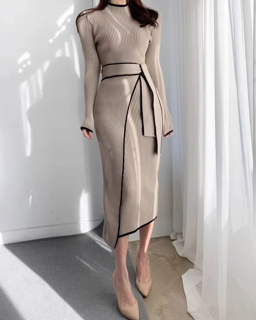 YuooMuoo Elegant Lace Up Turtleneck Knitted Long Dress Korean Fashion Khaki Black Rib Bandage Bodycon Sweater Dress Robe Femme - KIMLUD