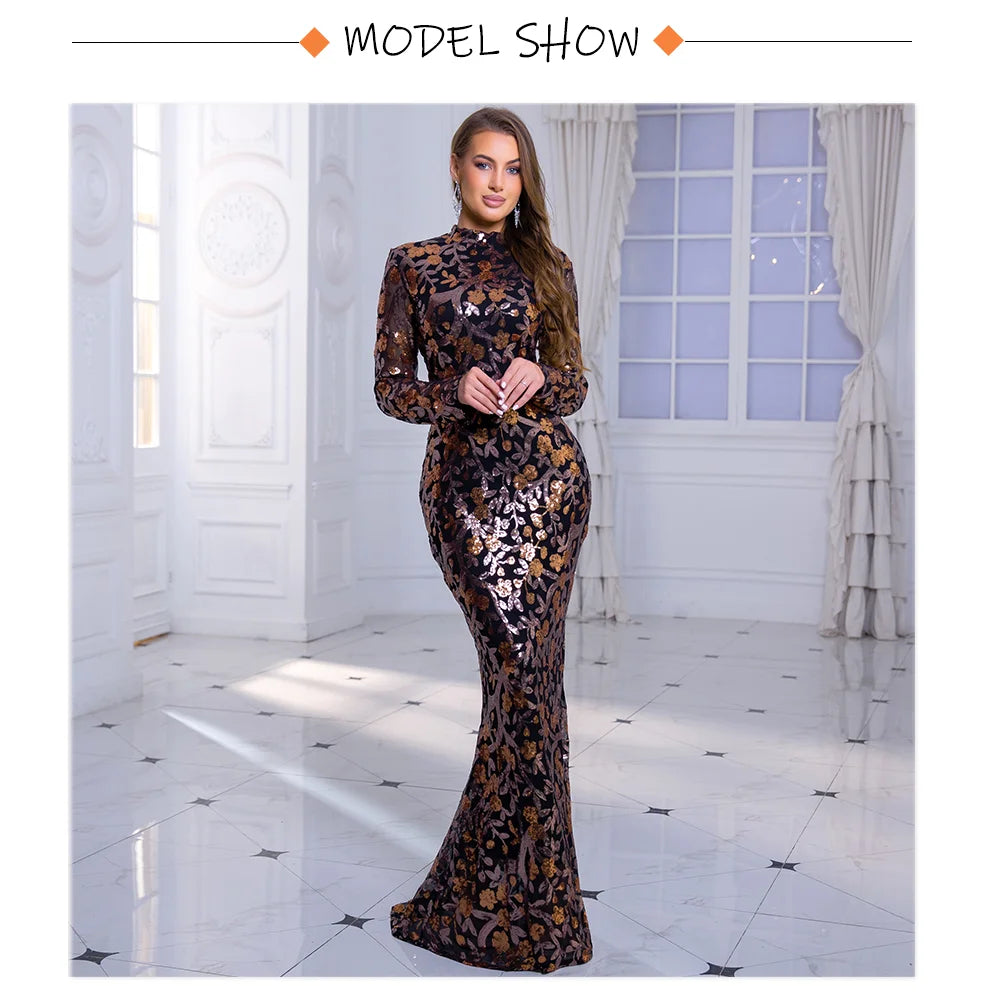 Romagic High Neck Luxury Full Sleeve Sequined Flowers Cocktail Prom Gown Bodycon Mermaid Long Celebrity Evening Party Dress