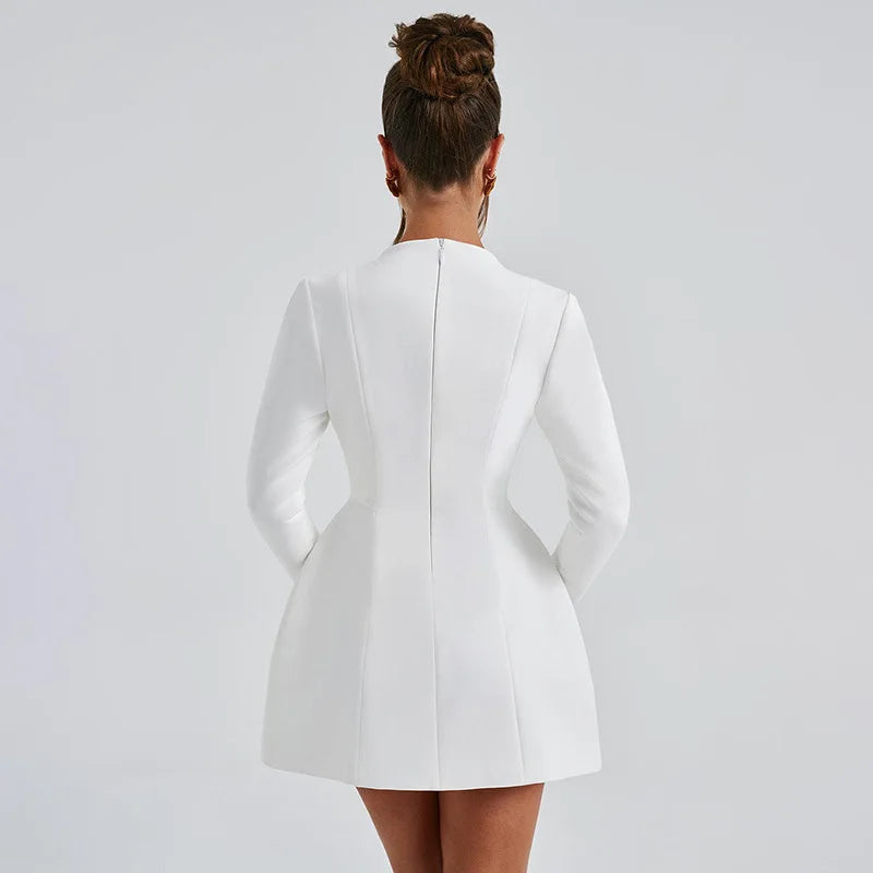 Fashion Deep V-neck Tunics Short Dress White Black Women Autumn Winter Long Sleeve High Waist Party Dresses Female Blazer Dress