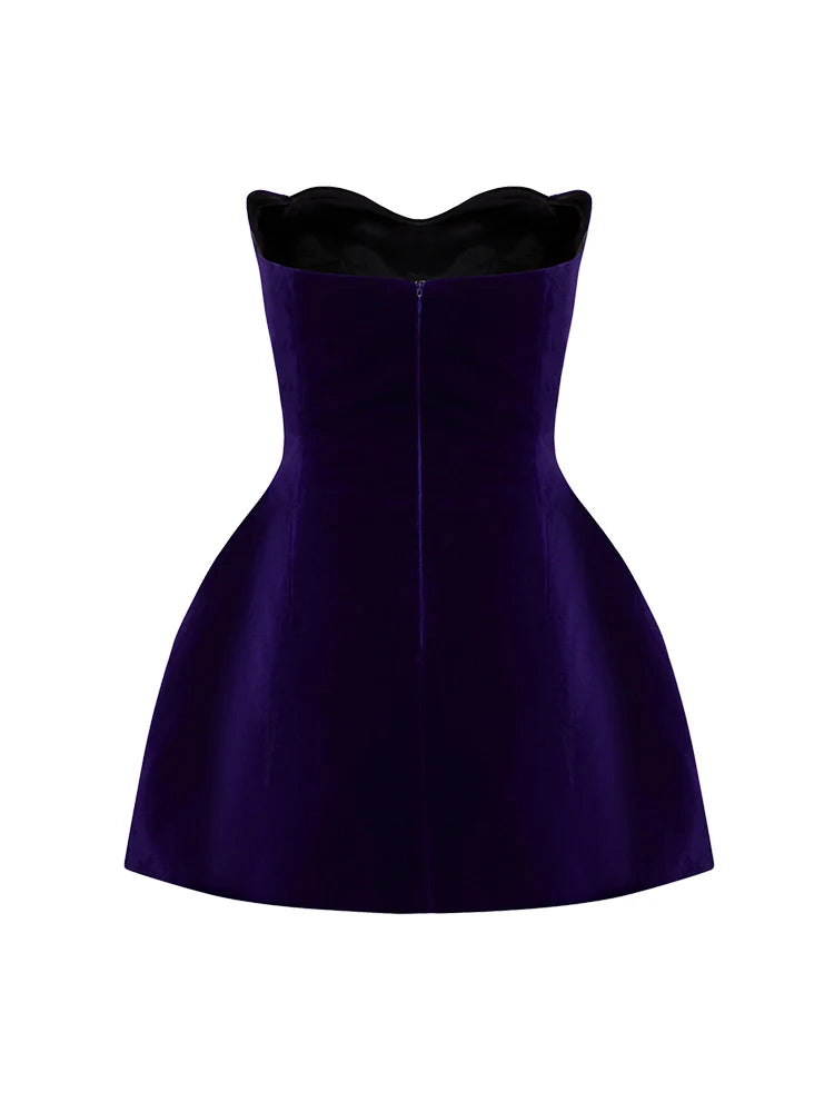 Women Celebrity New Sexy Strapless Purple Velvet Gowns Dress Elegant Mini Evening Party Club Dress