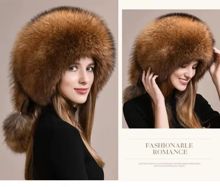 Real Fox Fur Hat For Women Winter Thickened Warm Natural Fur Princess Hat Adjustable Russians Cap Real Raccoon Fur Bomber Caps