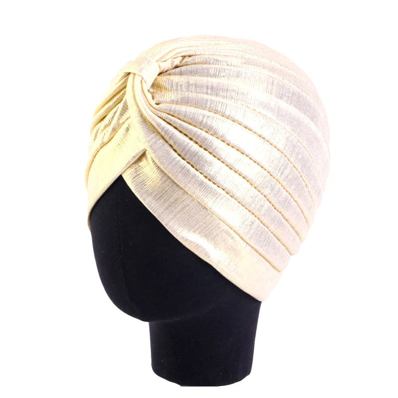 New Women's Metallic Pleated Knot Turban Hat Retro Ethnic Hat Elastic Head Wrap Shiny Beanies Head Scarf Bonnet Chemo Cap