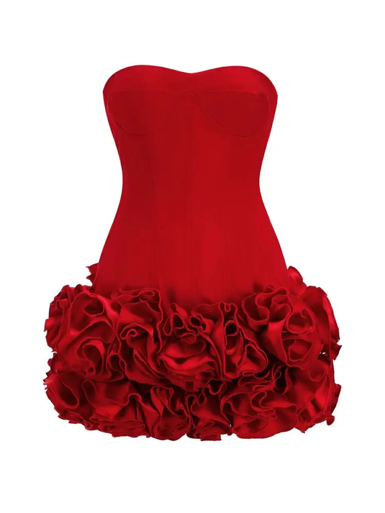 Red Color Women Sexy Strapless Ball Gown Mini Fashion Celebrity Nightclub Party Dress Birthday Cocktail Girls' Outfit