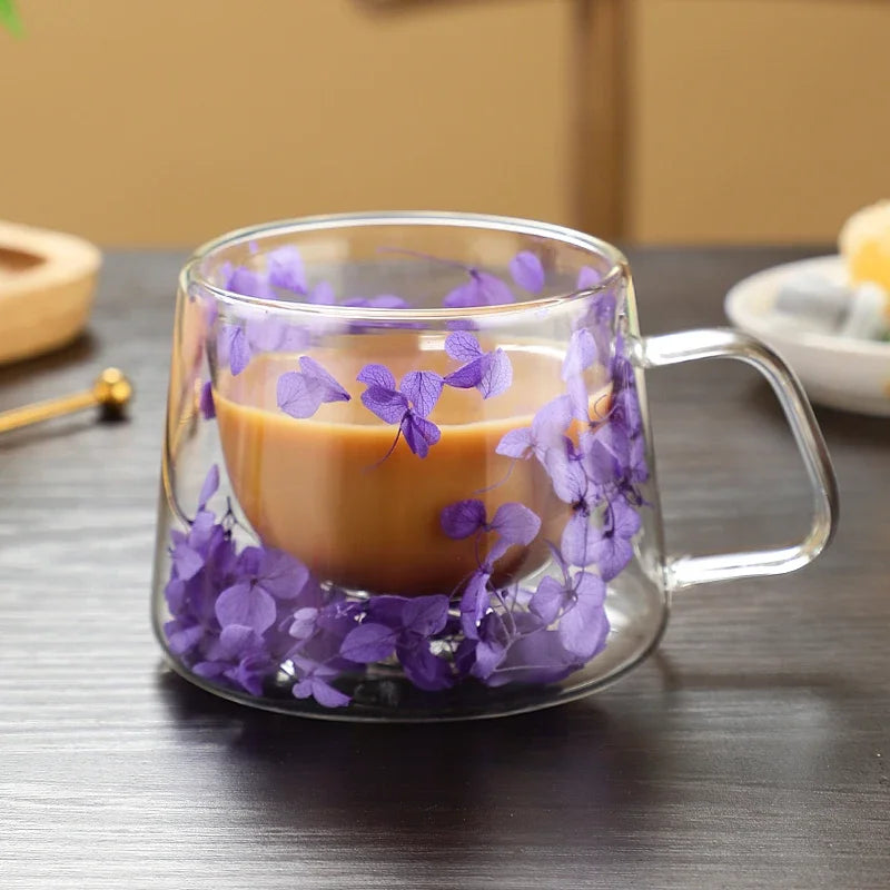 Double Wall Dry Flowers Transparent Glass Coffee Cup with Handle Double-layer Heat Insulation High Temperature Juice Milk Cup - KIMLUD