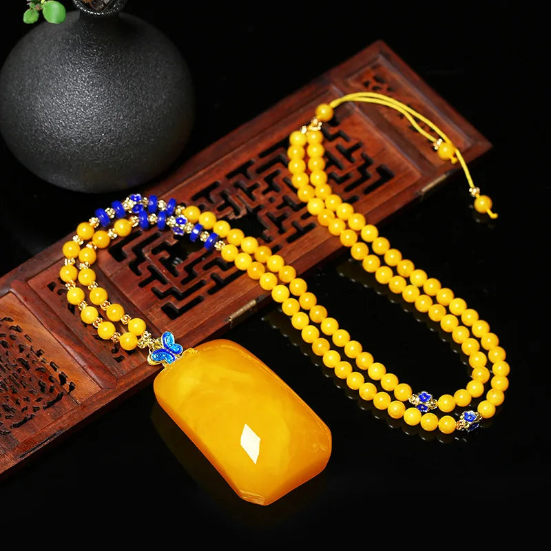 Drainage Gift Beeswax Pendant Women's Water Drop with Shape Sweater Chain Blue Carving Amber Necklace Pendant