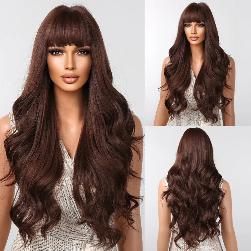 ESIN Red Brown Wavy Synthetic Wigs with Bangs Long Natural Wave Wig for Women Halloween Cosplay Party Colored Wig Heat Resistant - KIMLUD