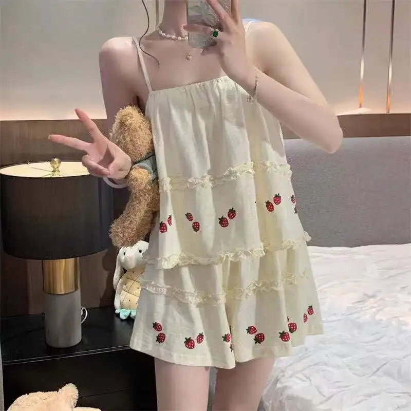 Pajama Sets Women Summer Thin Sweet Cute Strawberry-print Fungus Edge Sleeveless Kawaii Student All-match Leisure Elegant Tender - KIMLUD