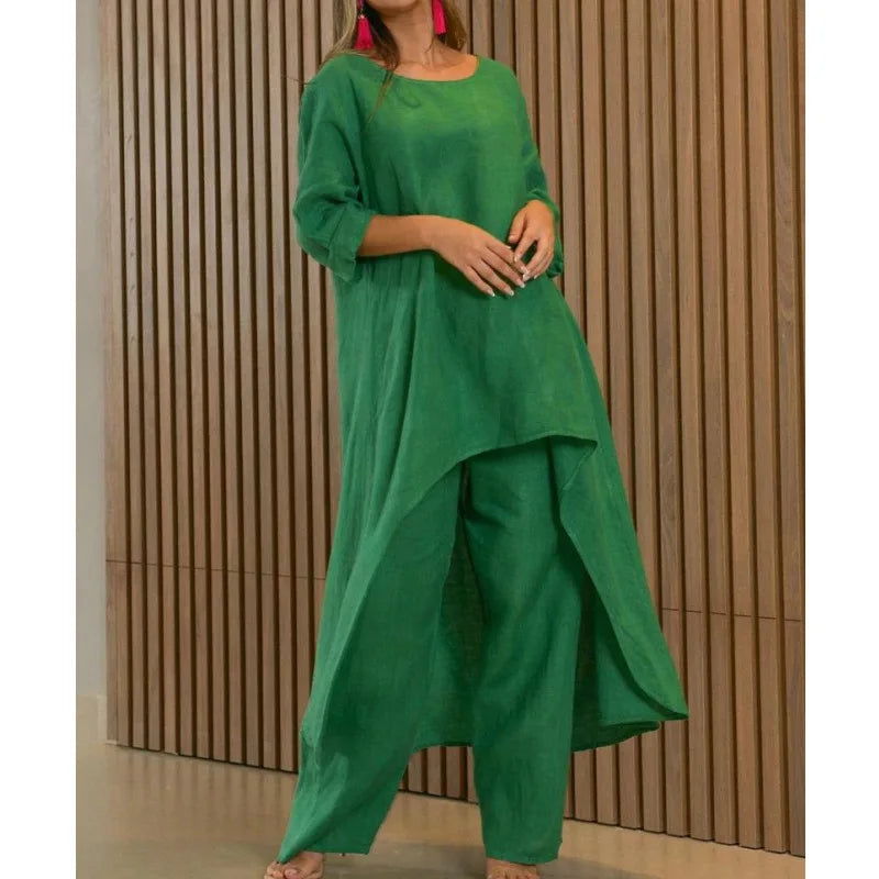 2 Piece Sets Women Solid Color Irregular Long Sleeved Tops Wide Leg Pants Two-piece Set Female Elegant Office Lady Outfit 2025