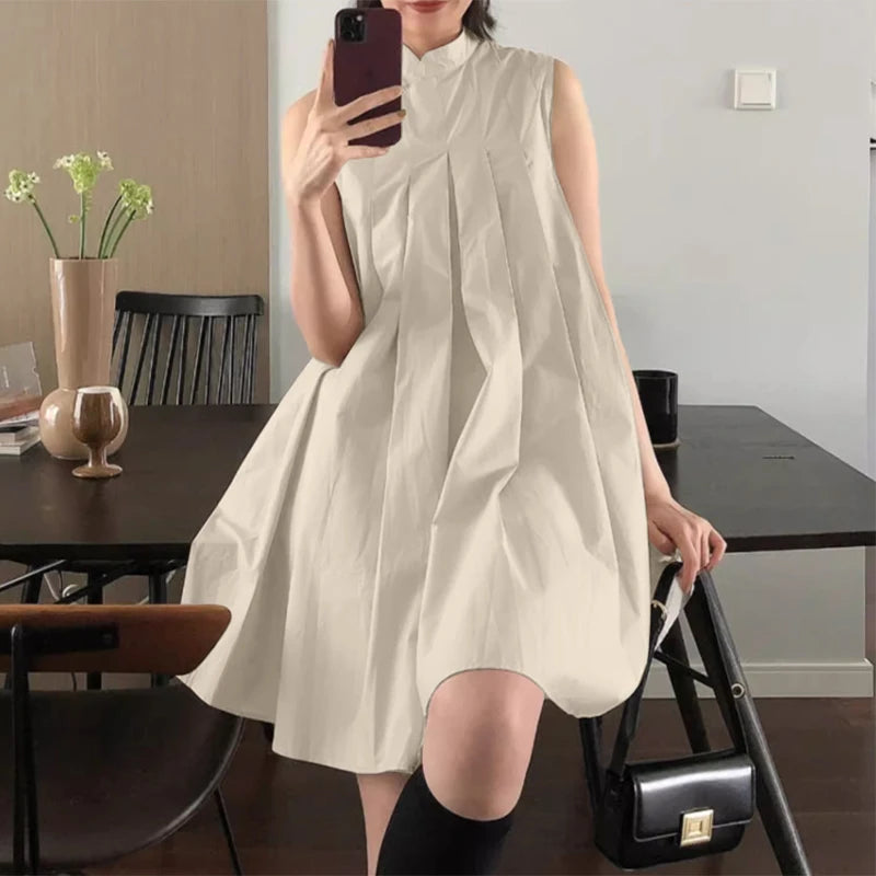 ZANZEA Elegant Sleeveless A-line Vestidos 2024 New Chinese Dress Women Pleating Party Dress Vintage Fashion Mandarin Collar Robe