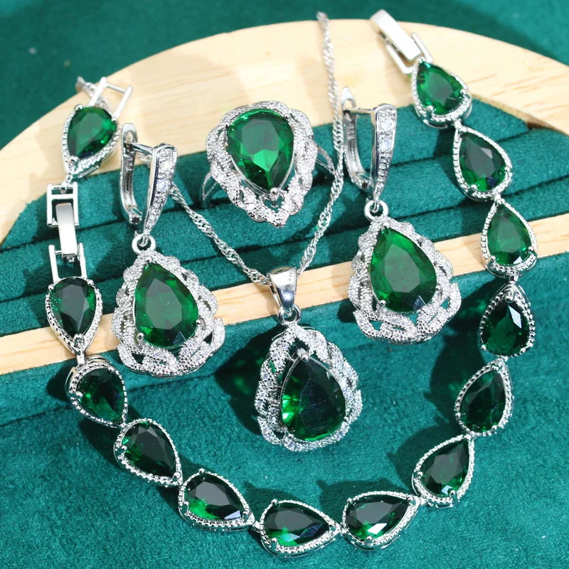 Classics Green Zircon 925 Silver Jewelry Sets for Women Wedding Bracelet Earrings Necklace Pendant Ring Dating Gifts - KIMLUD