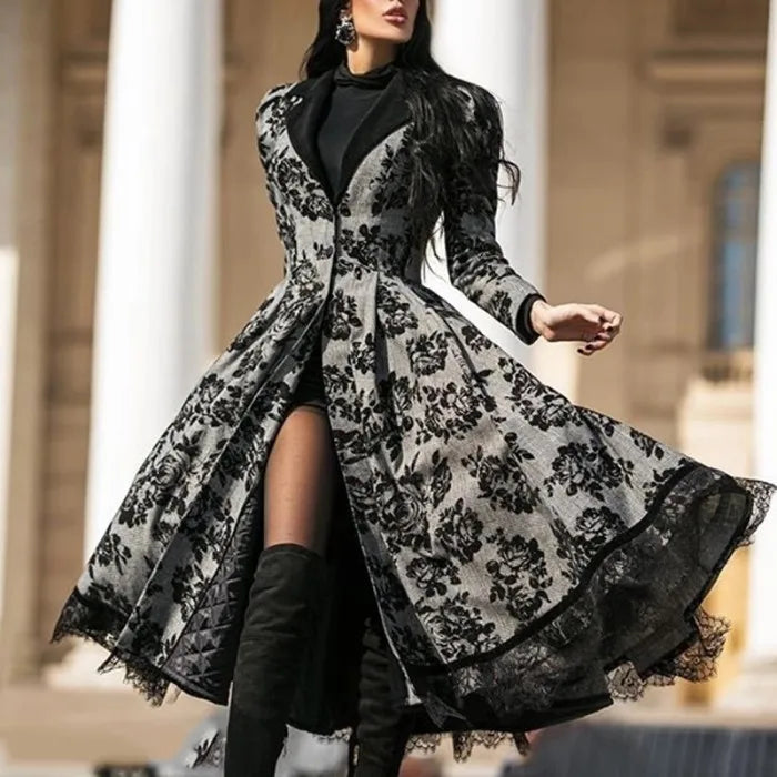 Women Vintage Party Trench Long Sleeve Autumn Splicing Lace Button Coat Female Casual Big Swing Fashion Long Jackets