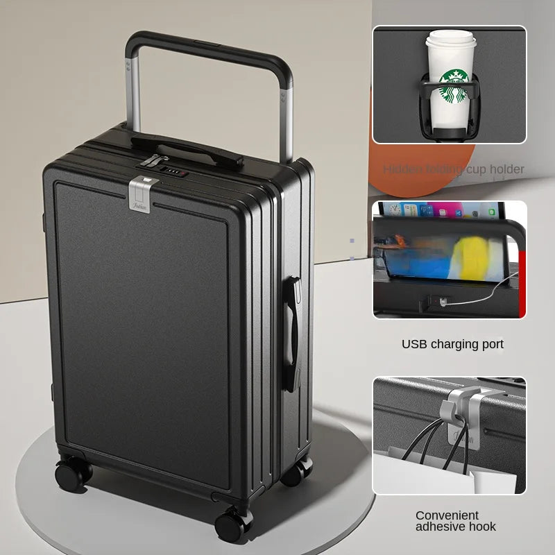 Multifunctional Draw-Bar Suitcase Zipper Wide Handle Trolley Luggage with Cup Holder USB Port Trip Boarding Case Spinner 20 inch