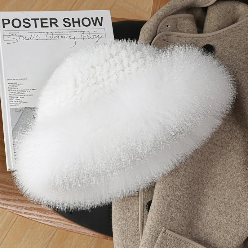 New Genuine Real Natural Mink Fur Hat Cap Luxury Women Handmade Knitted Fashion Winter Headwear Warm Real Fox Fur Beanies