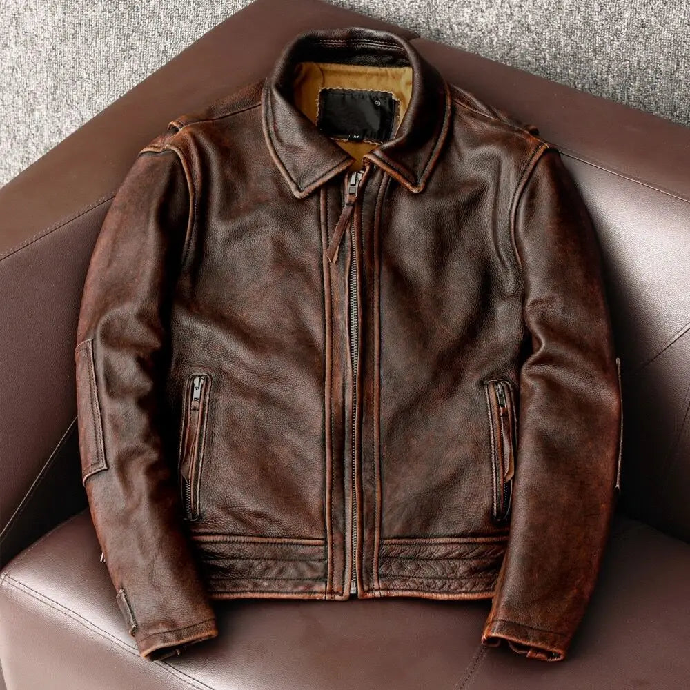 CC Shop.Vintage Brand cowhide Jacket,Classic casual genuine Leather coat.Motor Rider leather wear.Retro style.quality