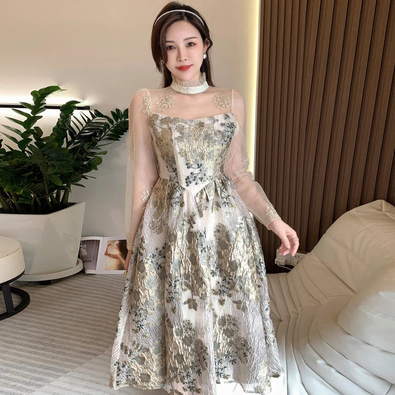 Elegant Luxury Mesh Flower Embroidery Patchwork Jacquard Dress Women Stand Collar Shawl Ruffles Floral Evening Party Vestidos