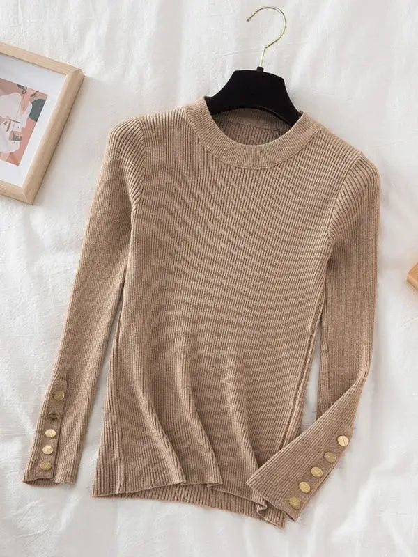 KIMLUD, 2024 women thick sweater pullovers khaki casual autumn winter button o-neck chic sweater female slim knit top soft jumper tops, Khaki / One Size, KIMLUD APPAREL - Womens Clothes