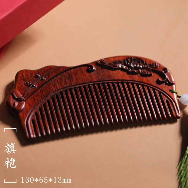 Natural Rhinoceros Horn Small Leaf Red Sandalwood Carved Wood Comb Retro Style Massage Comb Gifts with comb