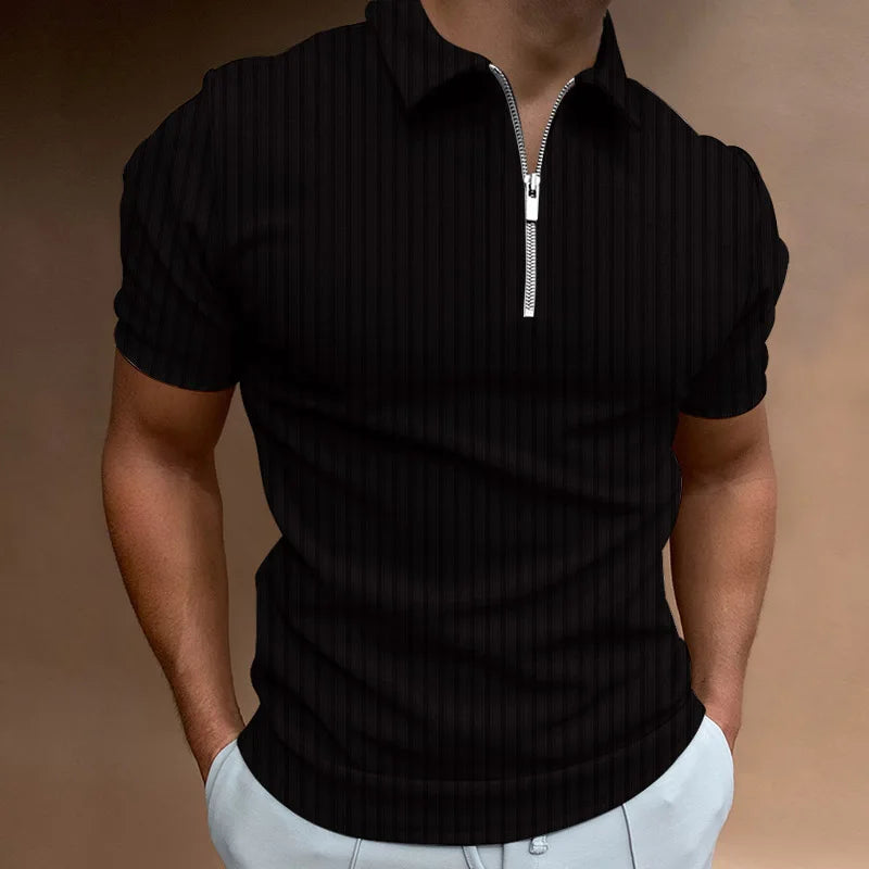 Men's Fashion Polo Shirts 2023 Summer Stripe Zipper Mens Polo Shirt Solid T-Shirt Brand Short-Sleeved Shirt Casual Slim Tops - KIMLUD