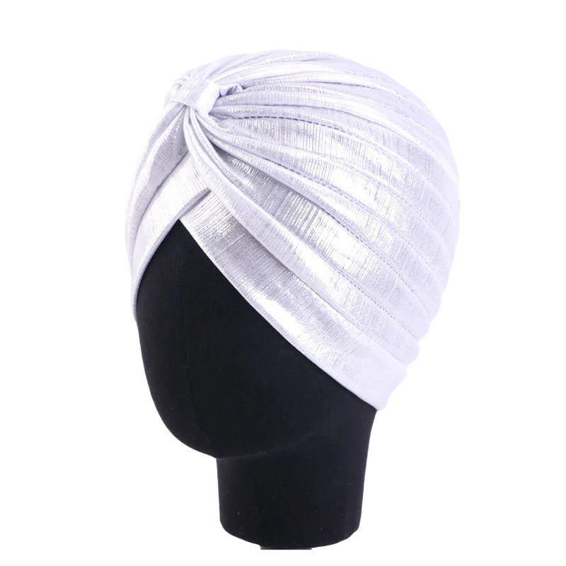 New Women's Metallic Pleated Knot Turban Hat Retro Ethnic Hat Elastic Head Wrap Shiny Beanies Head Scarf Bonnet Chemo Cap