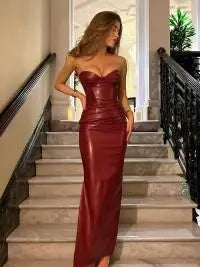 Sexy Woman Strapless Burgundy Slim Leather Long Dress Elegant Back Lace Up Side Slit Sleeveless Dresses 2025 Evening Party Robe