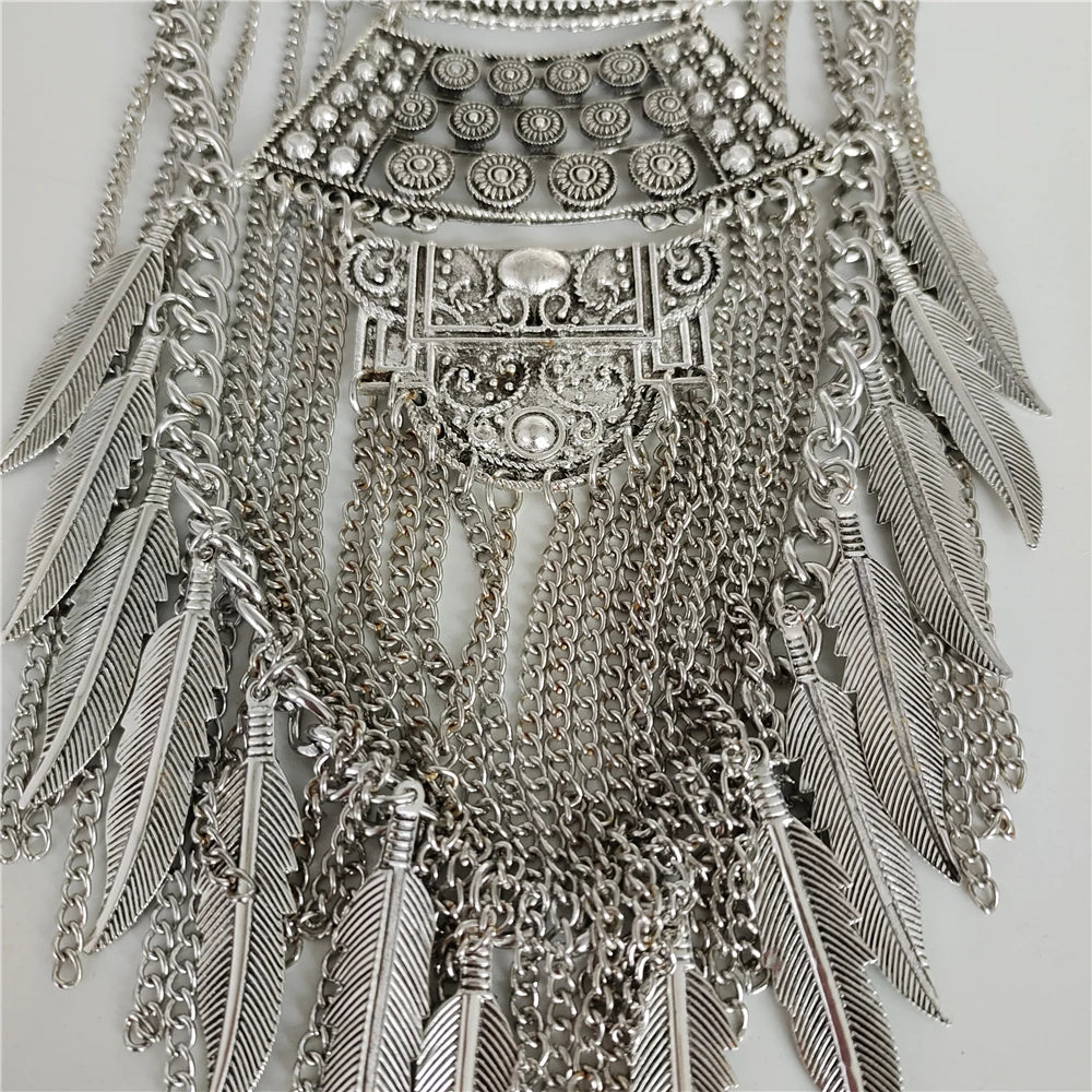 2024 New Indian Vintage Metal Chains Leaf Tassel Large Necklaces Pendants Women Punk Retro Silver Plated Statement Necklace Jewe - KIMLUD