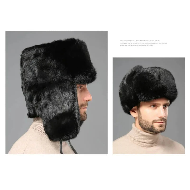 Winter Russian Man Woman Wholeskin Faux Rex Rabbit Fur Hats Luxury Faux Sheep Skin Leather Cap Fur Bomber Hat Ushanka Hats