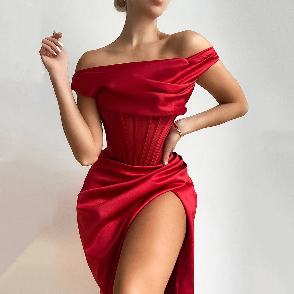 High Quality Satin Bodycon Dress Elegant Women Party Dress 2021 Red Off The Shoulder Sexy Dress Celebrity Evening Night Dresses