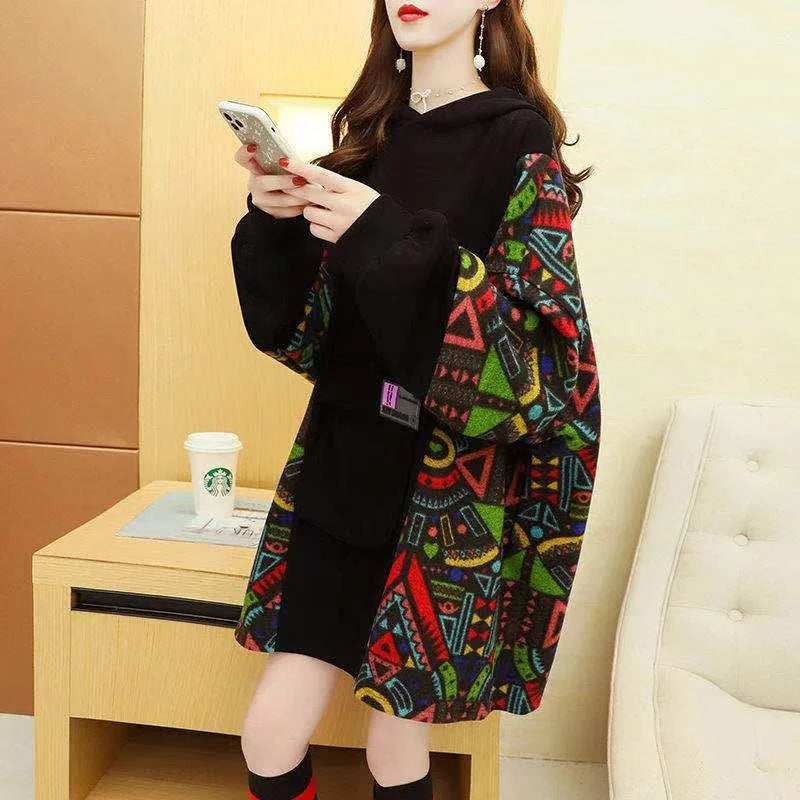 Spring Autumn Women's Sweatshirt Korean Loose Medium And Long Patchwork Print Hoodies Thin Long Sleeves Tops Female