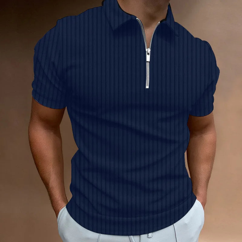 Men's Fashion Polo Shirts 2023 Summer Stripe Zipper Mens Polo Shirt Solid T-Shirt Brand Short-Sleeved Shirt Casual Slim Tops - KIMLUD